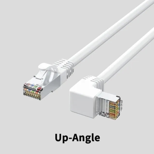 Coloured Cat6 Ethernet cable with a right-angled metal RJ45 connector plug in a choice of four orientations.
