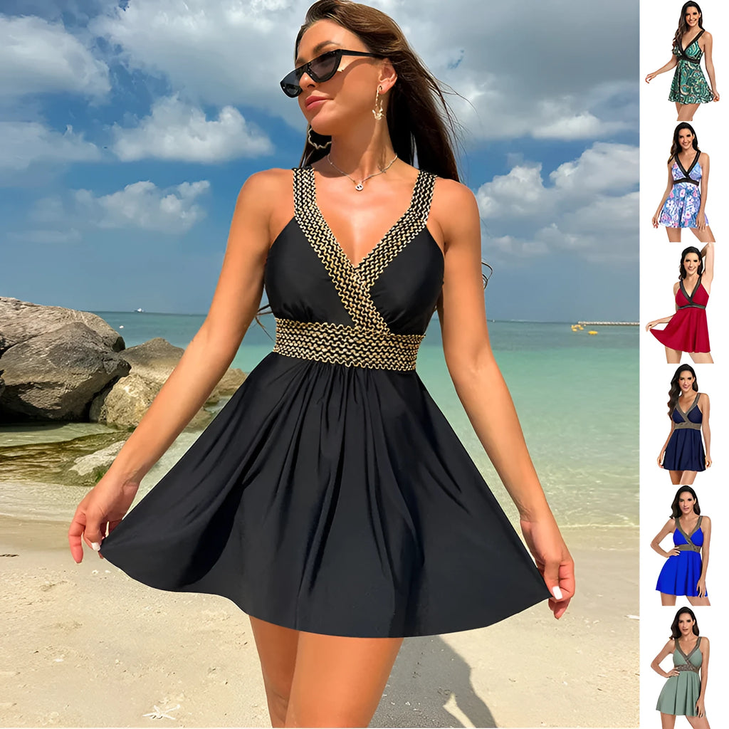 Women's V-neck printed swimsuit dress in nylon spandex fabric for beach cover-up