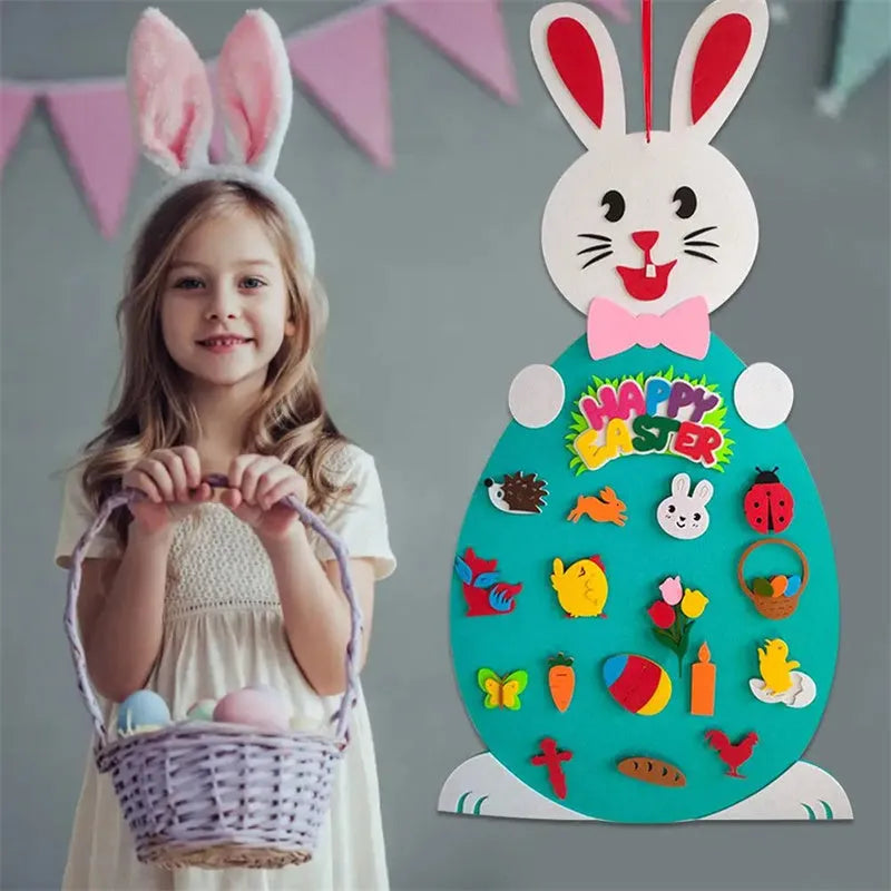 Easter DIY felt bunny pendant with detachable egg patches and letters on a light pink background