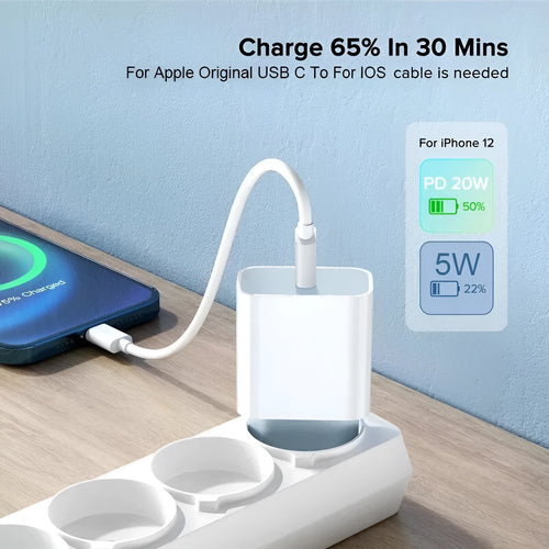 White 20W USB-C PD fast wall charger showing Type-C port and international plug compatibility.