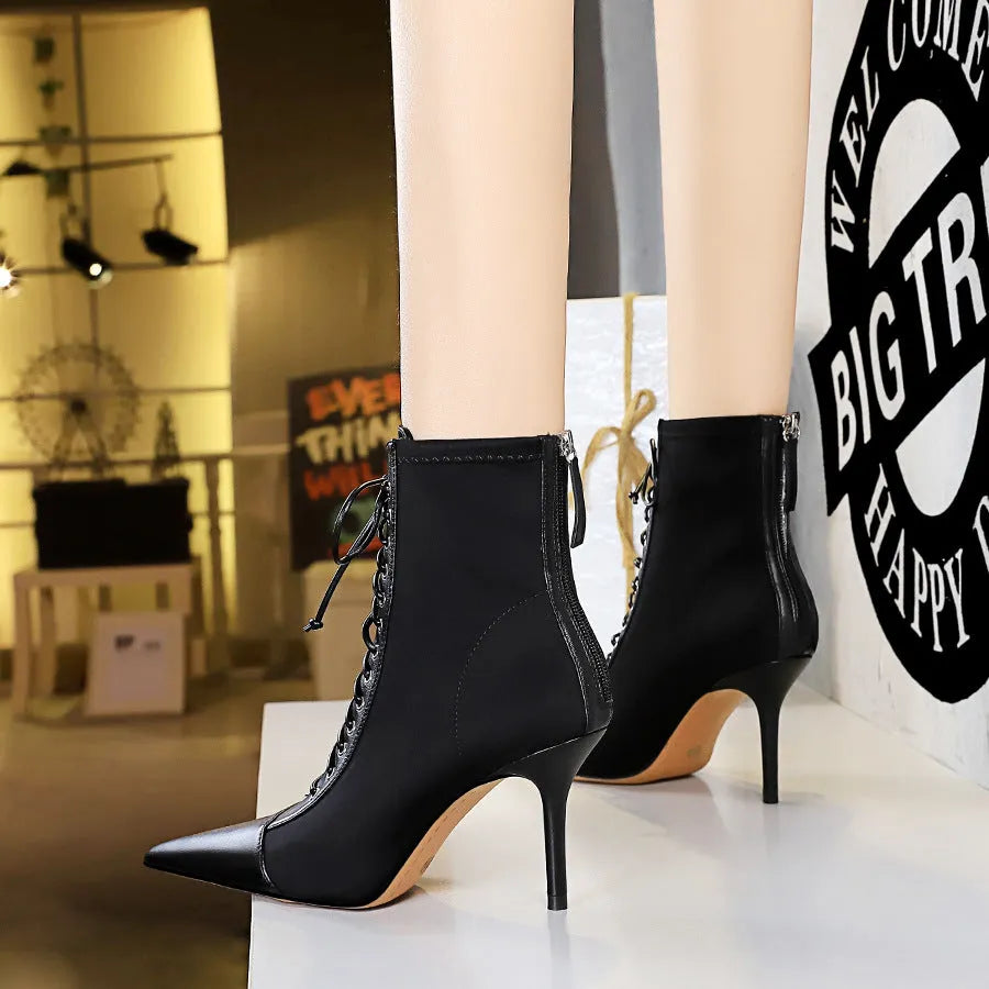 Women's black stiletto heel boots with pointed toe and back zipper, 6-8cm heel, sizes 34-43