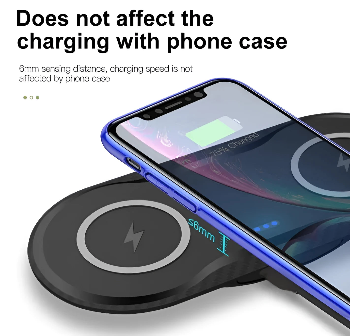 Black and white dual wireless charging pad charging two smartphones simultaneously
