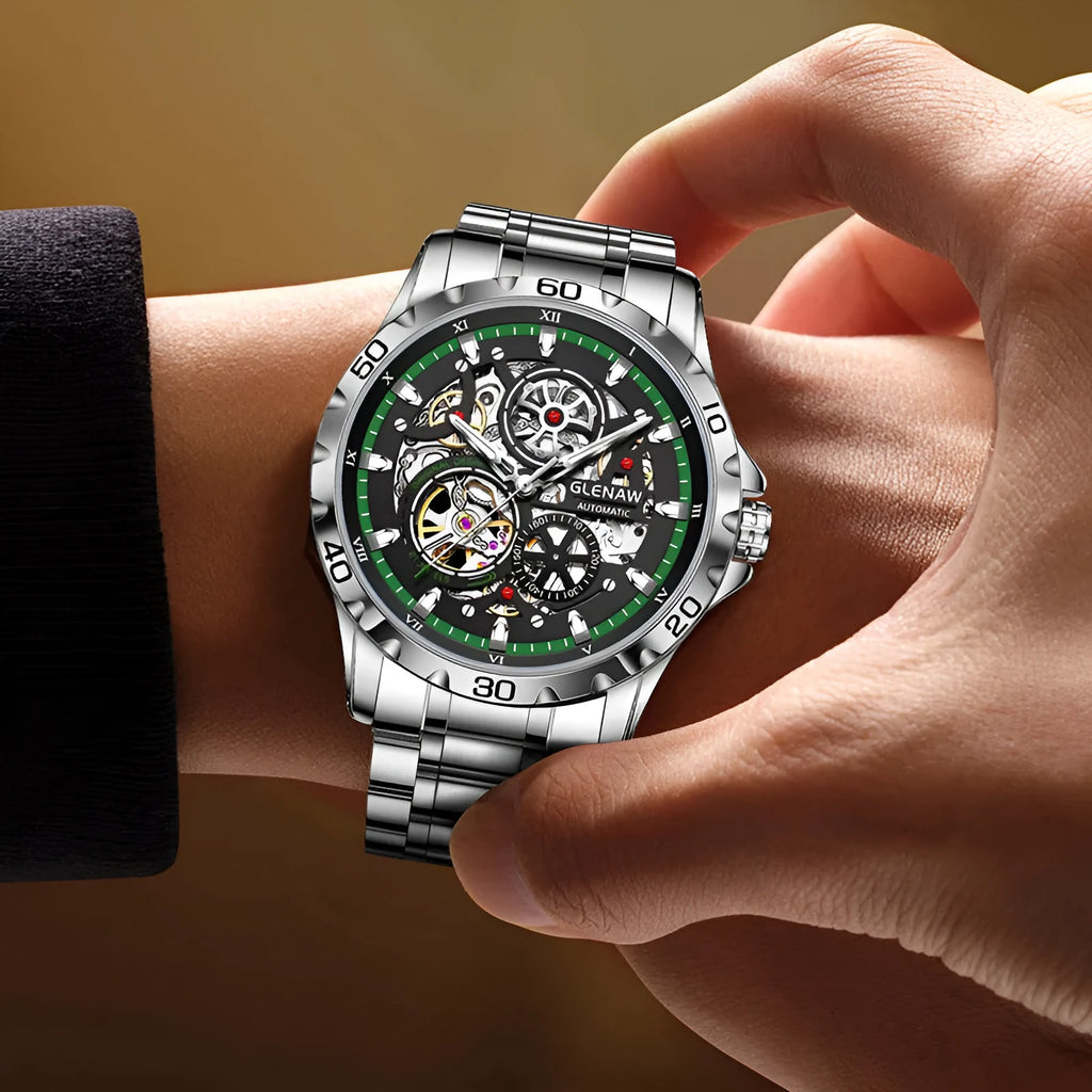 Men's automatic skeleton watch with luminous hands and stainless steel strap