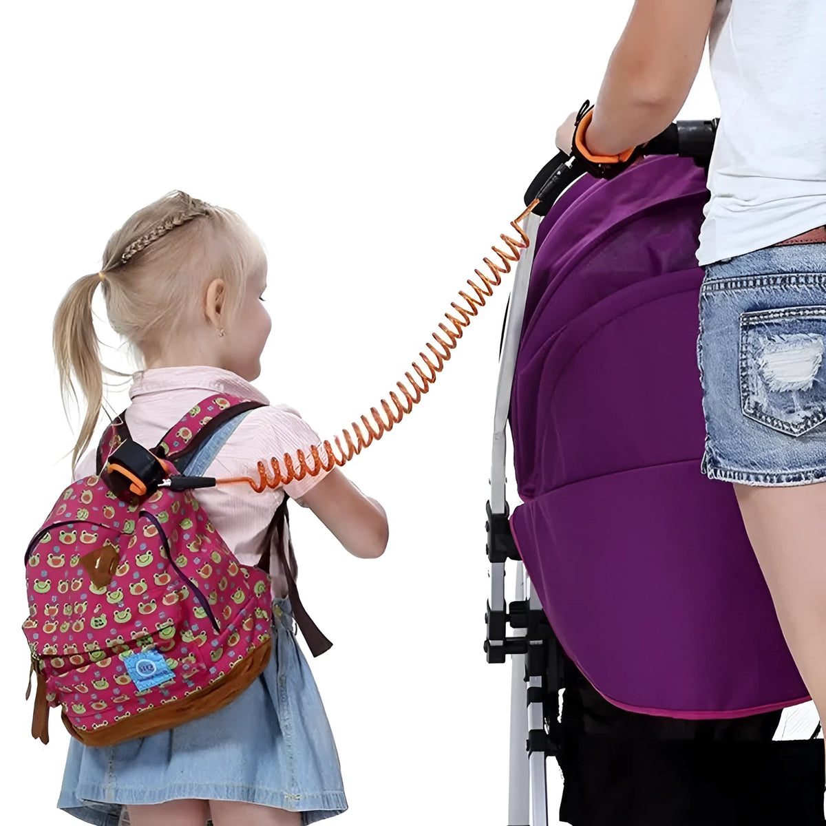 Child safety wristband anti-lost strap with 2.5m special PU spring rope, 360 degree rotary head and breathable sponge lining.