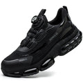 Lightweight black Flyknit safety work shoes with steel toe cap and lace-up front.