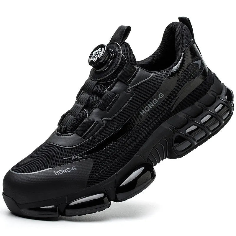 Lightweight black Flyknit safety work shoes with steel toe cap and lace-up front.