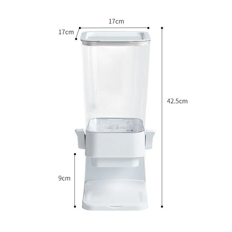 Countertop cereal dispenser in black with 5.5 quart capacity, chute opening, and removable tray