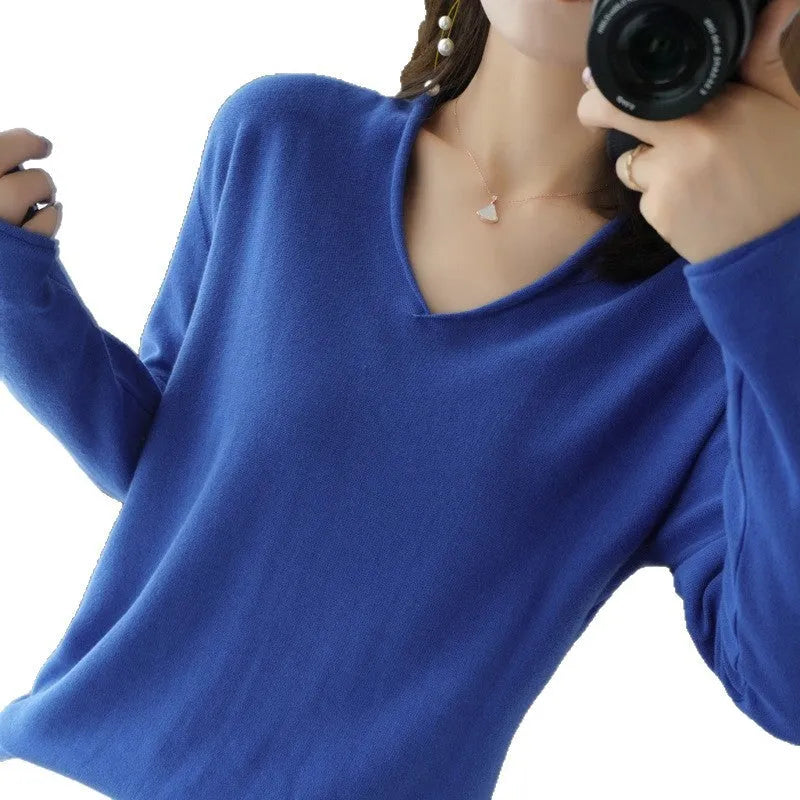 Women's V-neck long sleeve knitwear top in turmeric colour with non-ironing construction