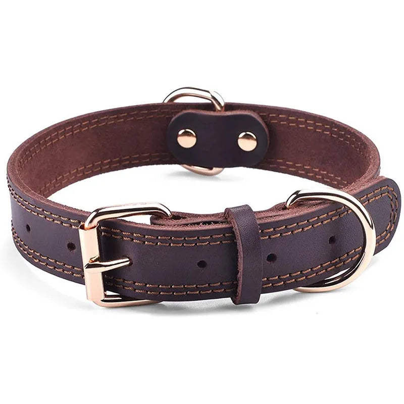 Black cowhide dog collar with metal buckle, size M suitable for medium dogs
