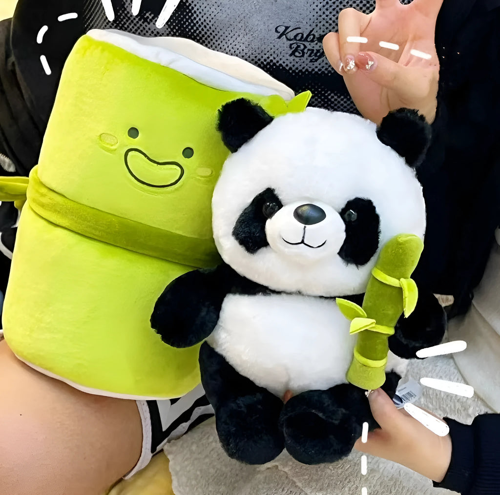 Panda plush doll with bamboo tube design holding bamboo, PP cotton filling, available in 25cm, 40cm, and 50cm sizes