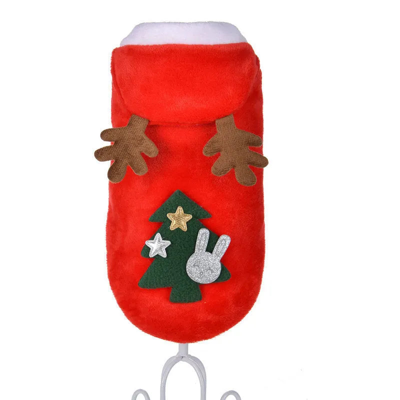 Red flannel Santa dog costume for small dogs with coat design, shown on a pet, sizes XS to XL