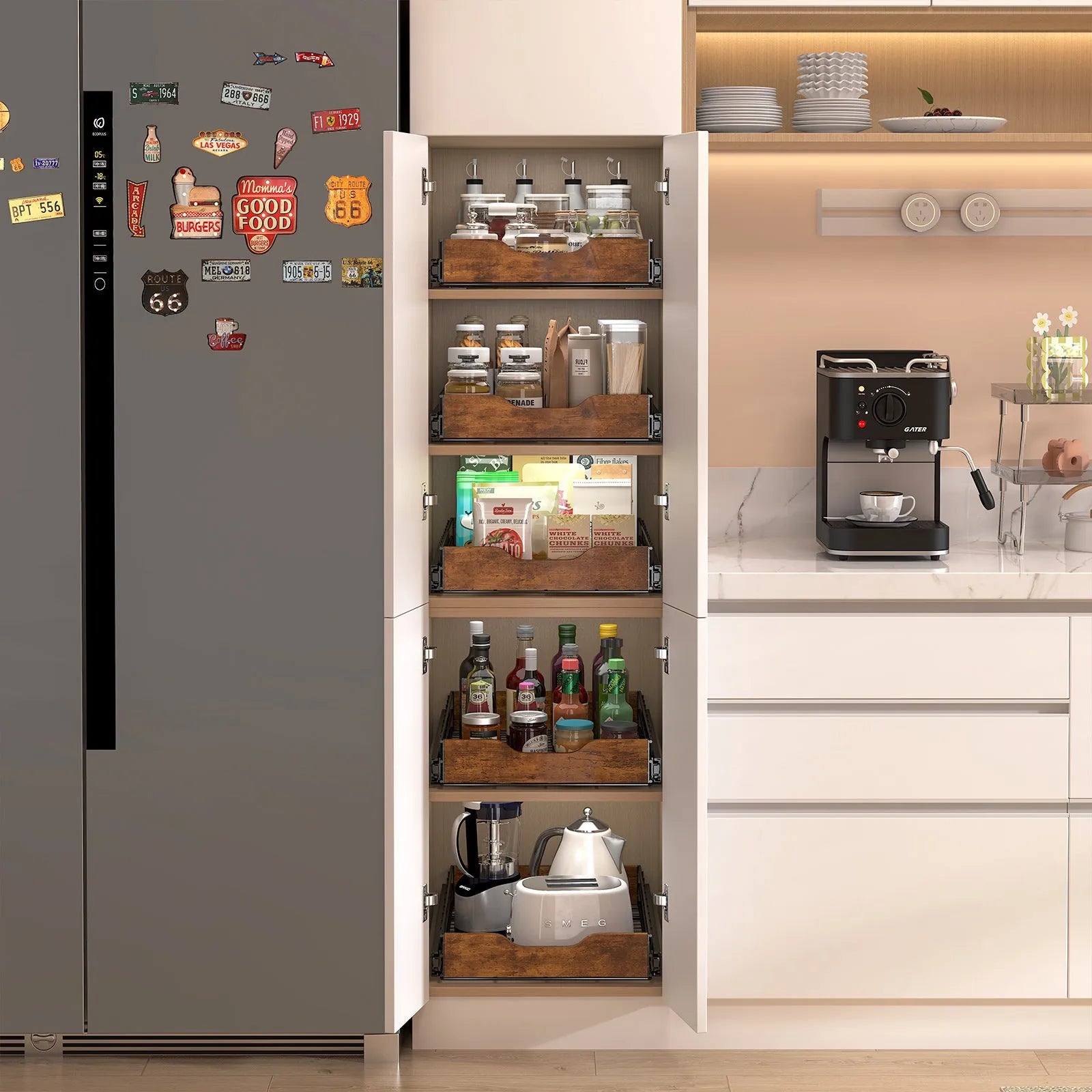 Black wooden and iron pull-basket storage rack with scalable design for home organisation