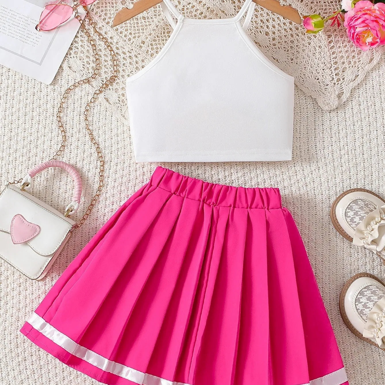 Children's dance performance costume set with two piece sling top and skirt in polyester fibre