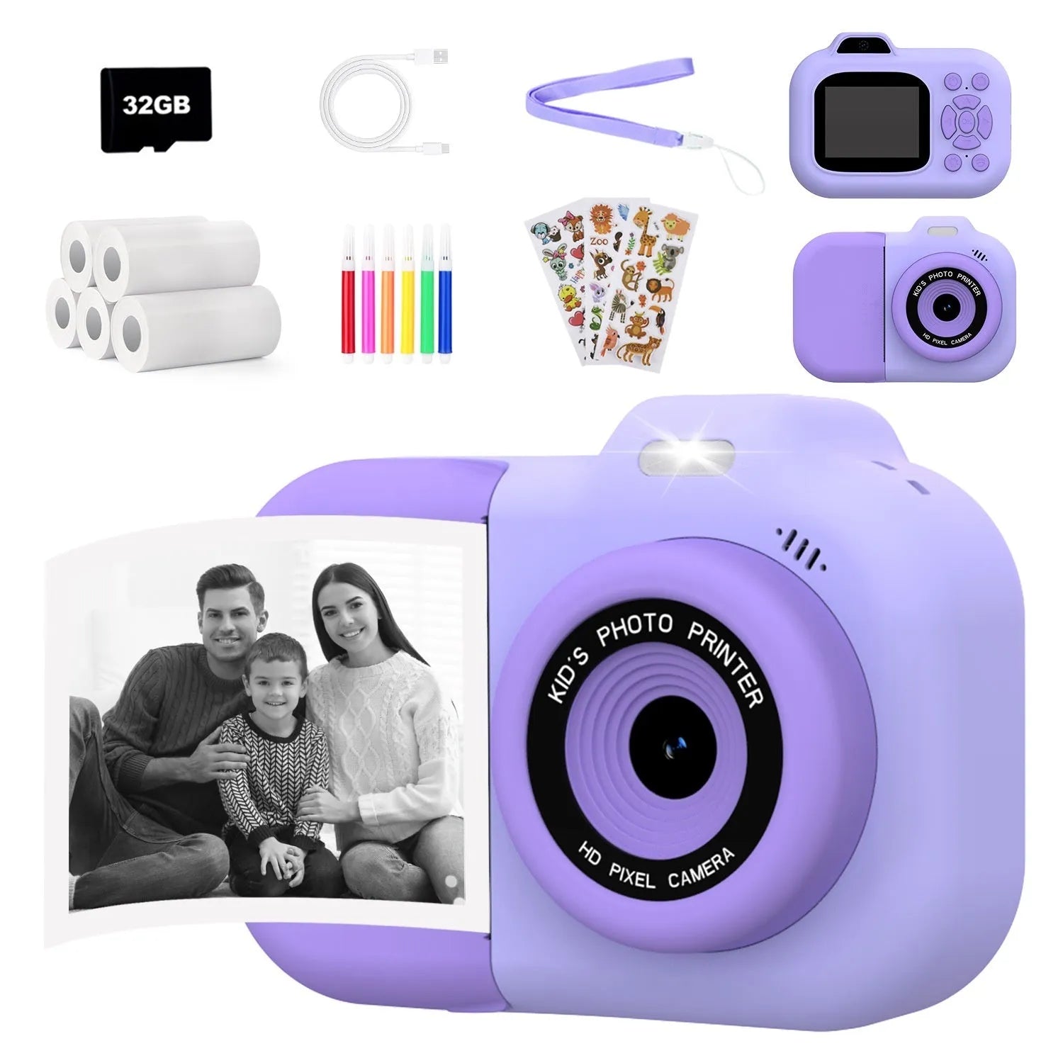Children's plastic camera toy in pink, blue or purple colours with video recording and game functions