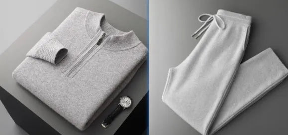 Men's seven-needle cashmere half-zip knit sweater in camel, dark gray or light gray, sizes S to XXXL