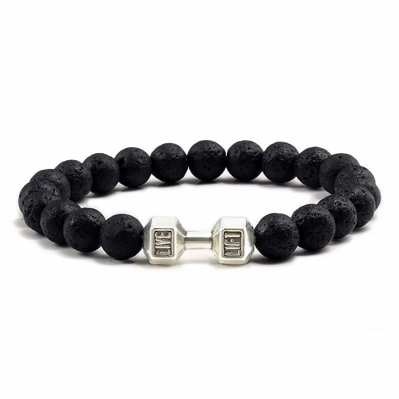 Natural volcanic stone beads bracelet black lava unisex electroplated black matte gold dumbbell detail