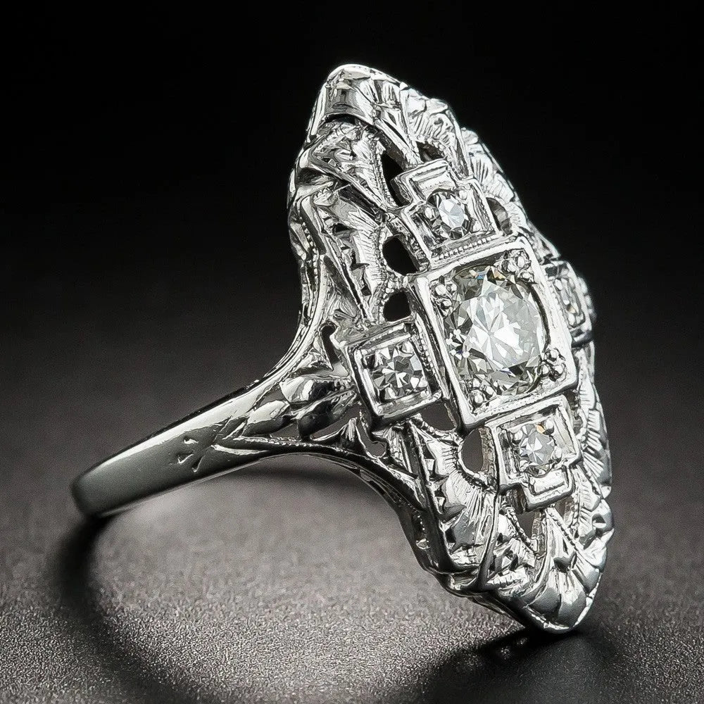 Silver geometric hollow-out ring with diamond studs on copper base