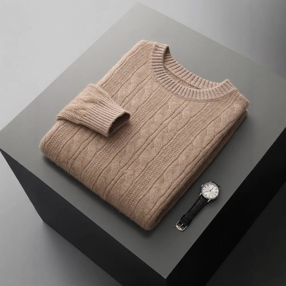 Men's thickened jacquard knitted sweater loose pullover in white, elephant gray, light gray or camel, sizes S-XXXL