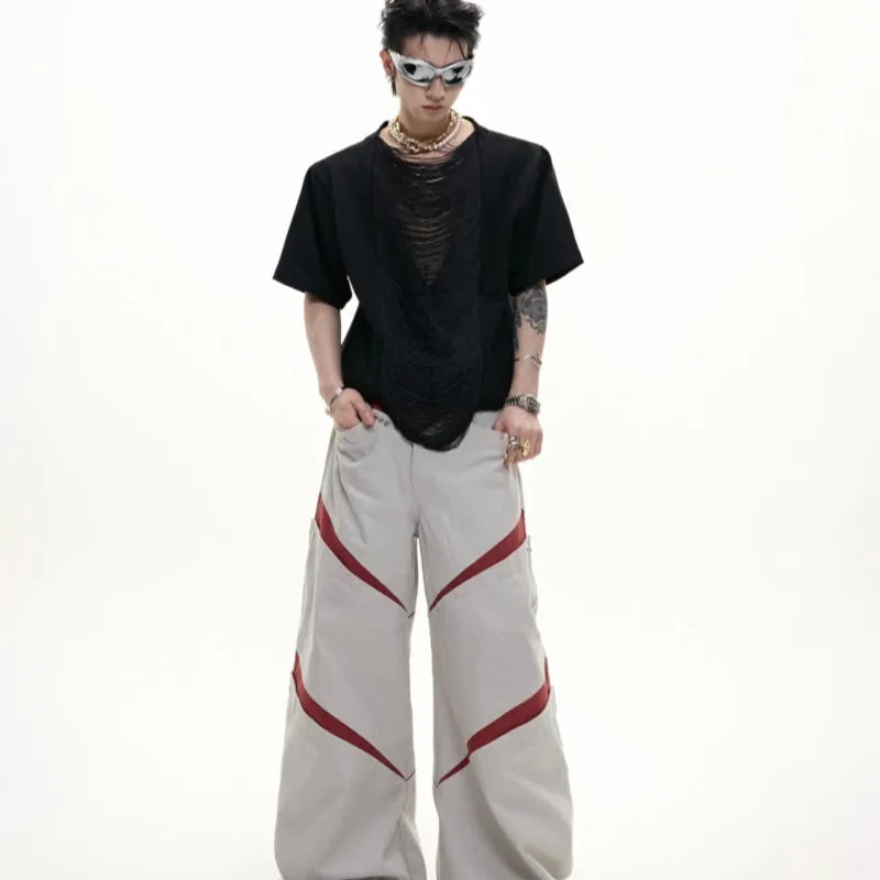 Men's black hollow out V-neck loose fit polyester T-shirt with tassel detail