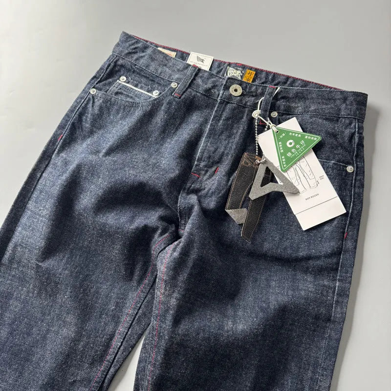 Men's straight-leg denim jeans in primary colour with mid waist and classic American retro style.