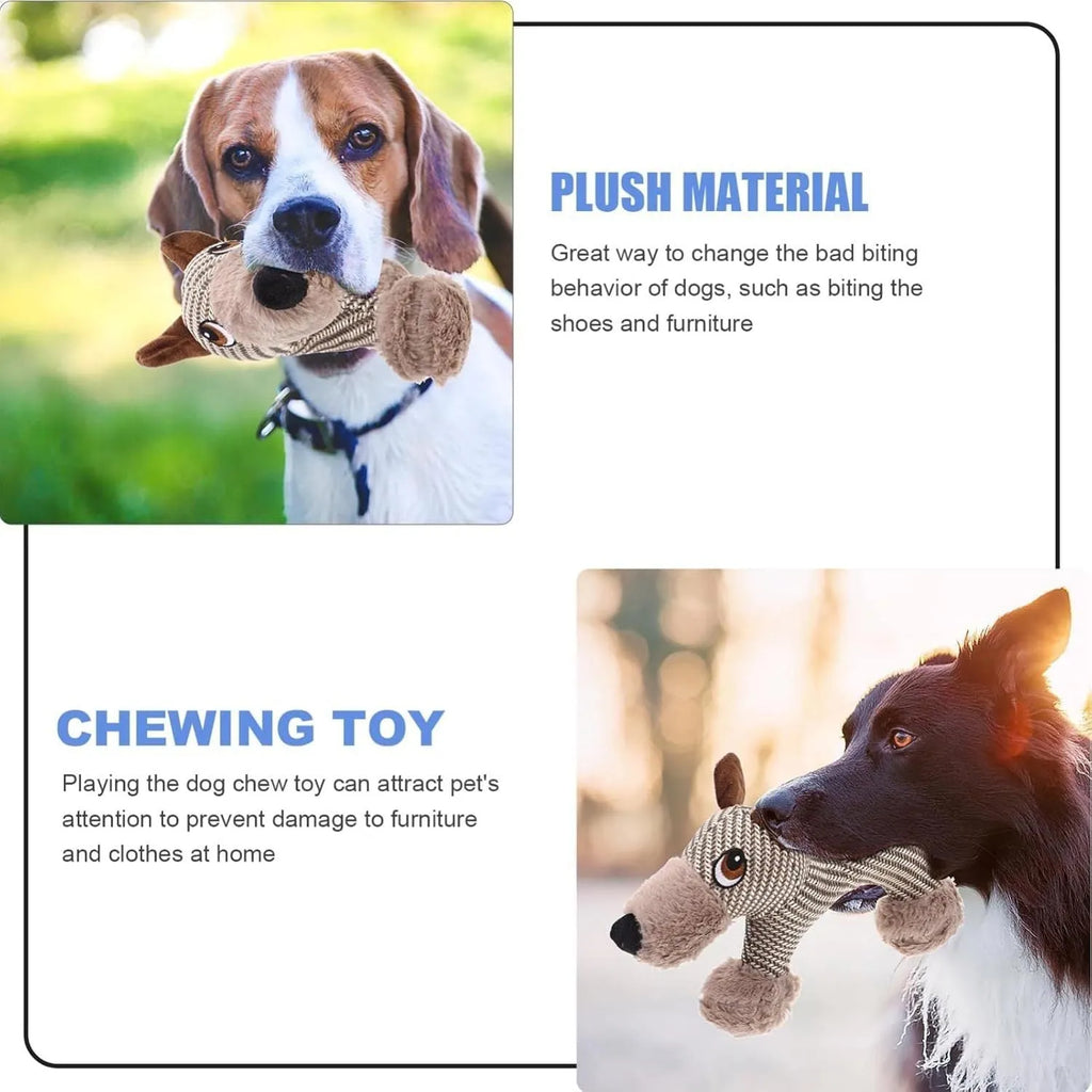 Soft plush dog squeaky toy in monkey and puppy designs for medium and large breed dogs.