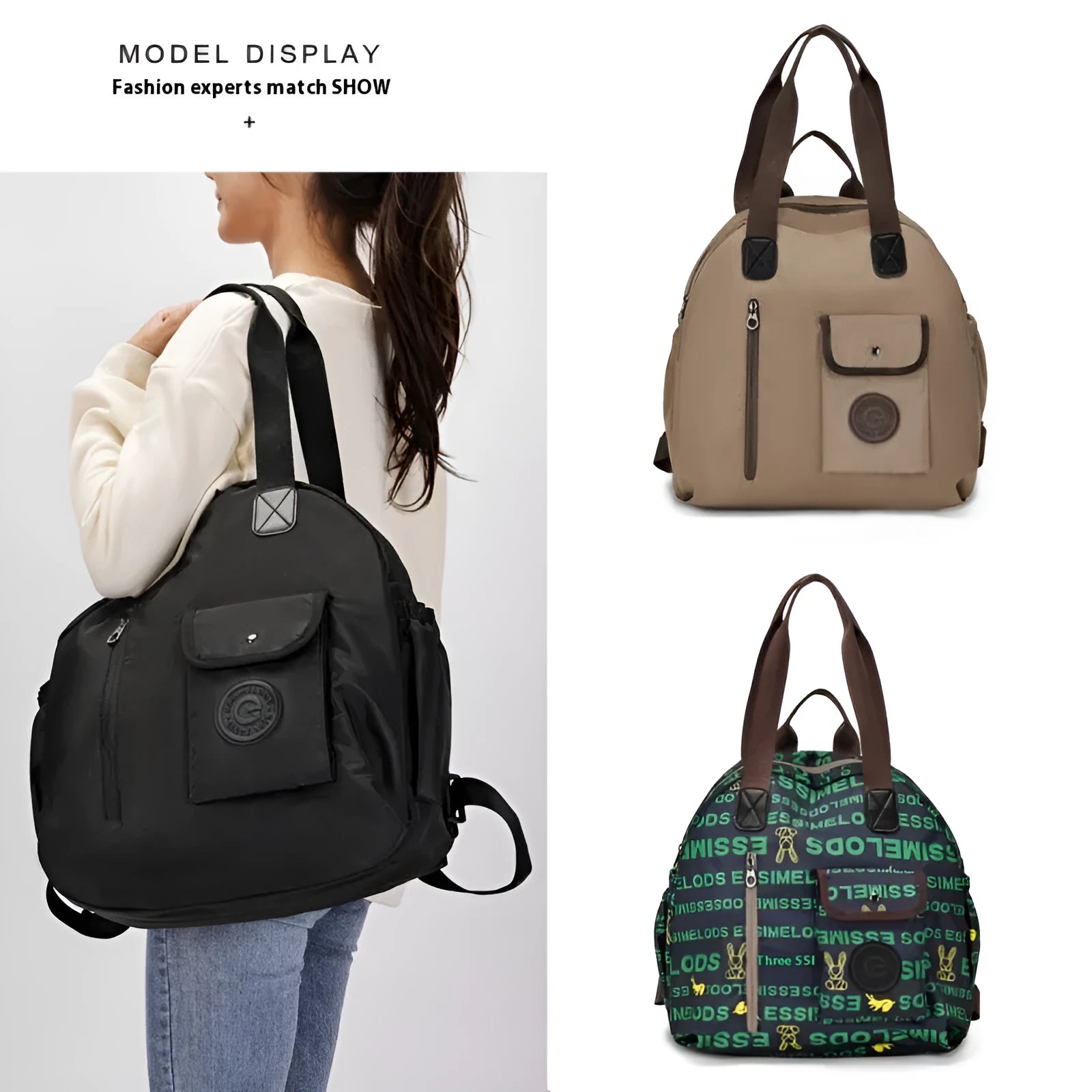 Large capacity nylon backpack with sandwich pocket in black, khaki, or green colours