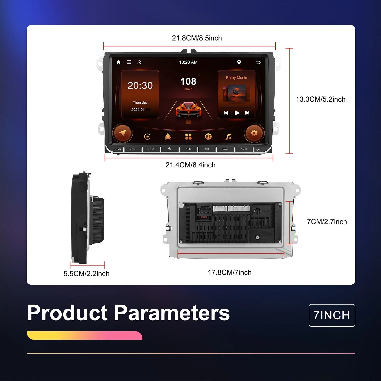 Android 13 7-inch car central control unit with touchscreen display for Volkswagen vehicles