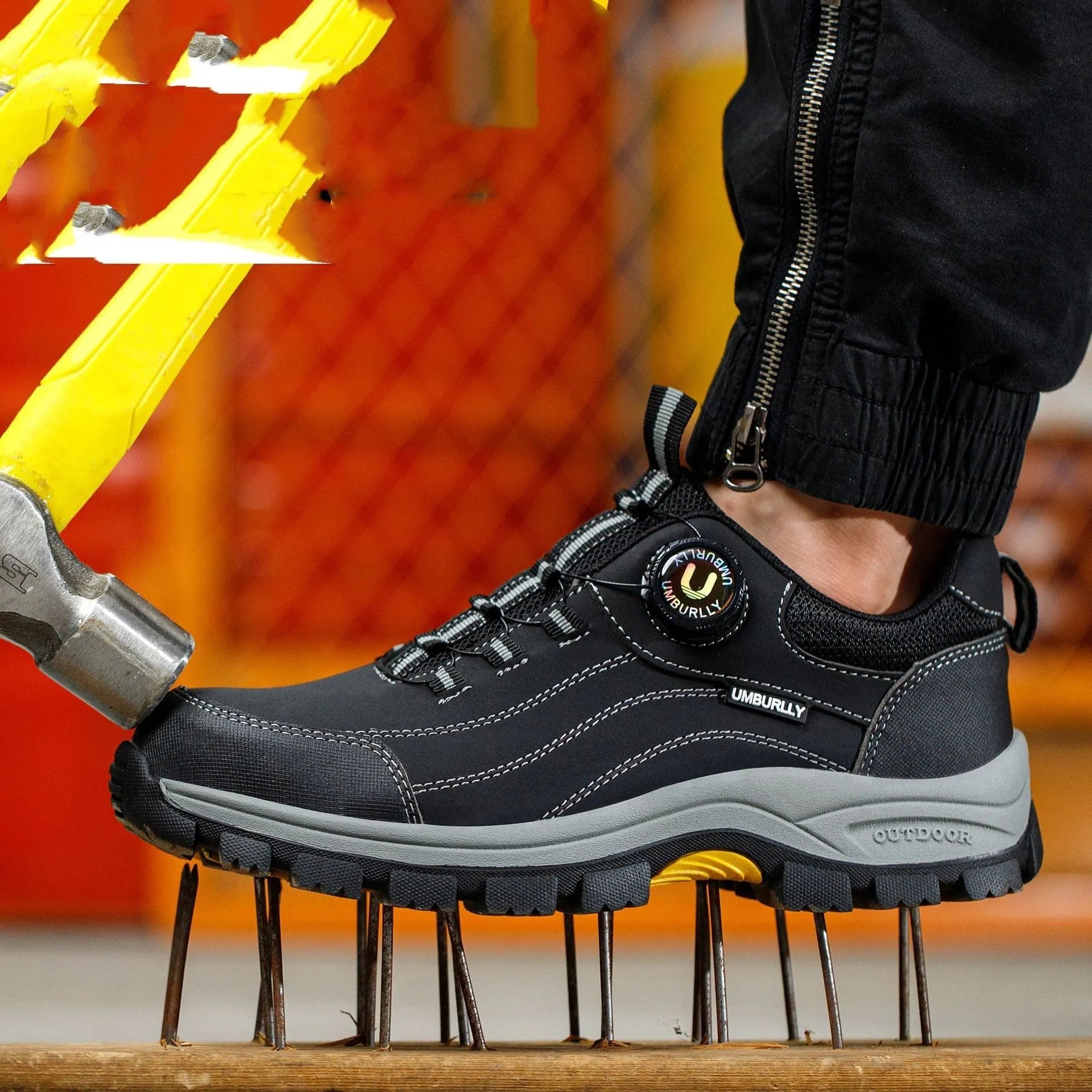 Wear resistant safety work shoes in beige with steel toe cap and Kevlar, anti-slip rubber sole, side view