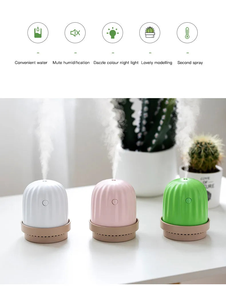 Cactus humidifier night light in green with colourful glow, 260ml tank, USB model