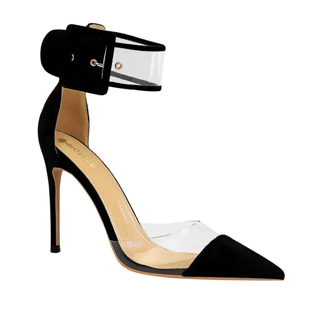 Transparent high heels with ankle strap in apricot colour, clear PU upper, rubber sole, size range 34 to 43