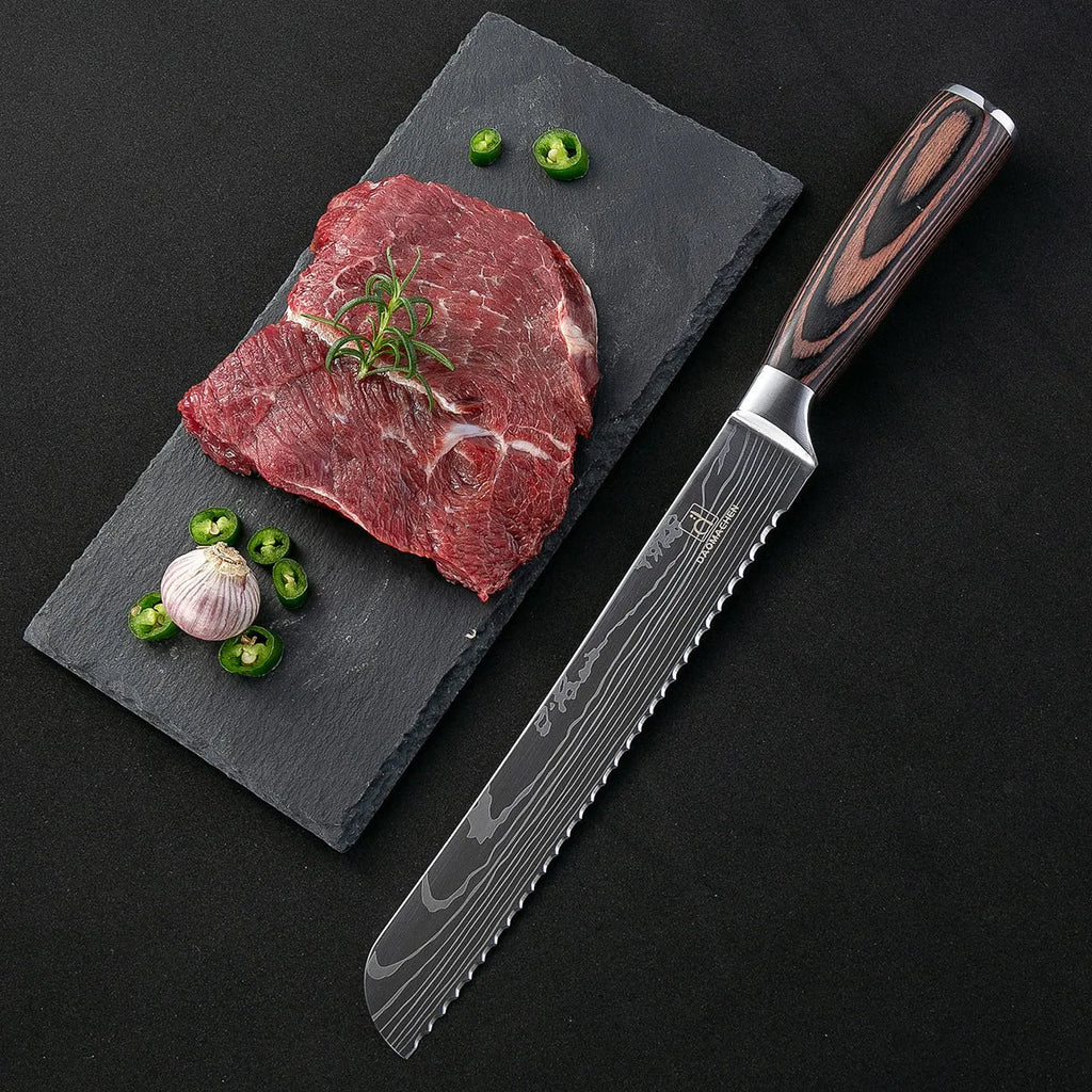 7CR17 stainless steel chef knife with laser Damascus pattern and colour steel handle, blade length 18cm.