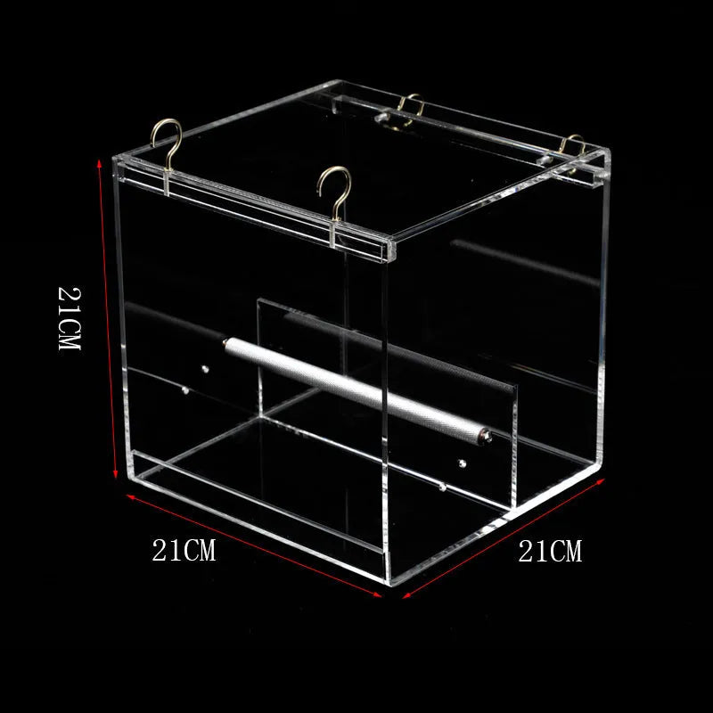 Clear acrylic parrot food box with non-toxic material, available in small, medium and large sizes