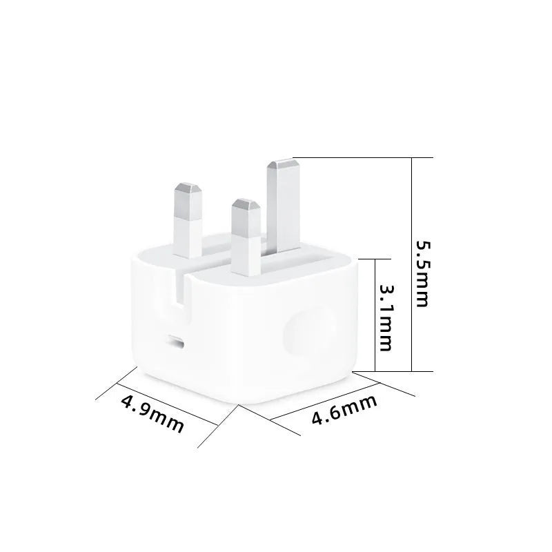 White British 20W USB-C PD fast charger with multiple cable length options including 1m, 1.5m, and 2m