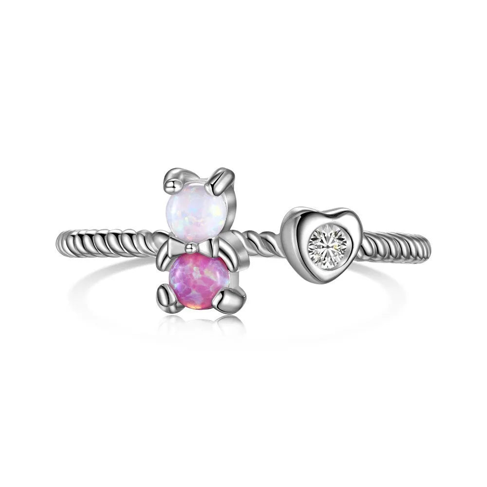 S925 sterling silver bear ring for women with Australian gemstone zircon, adjustable opening, heart shape, love style, on white background