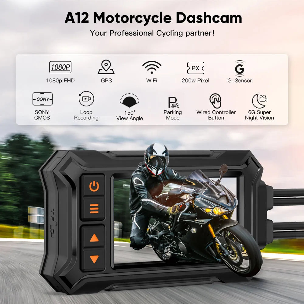 Motorcycle dual-lens GPS tachograph dash cam with accessories on a black background.