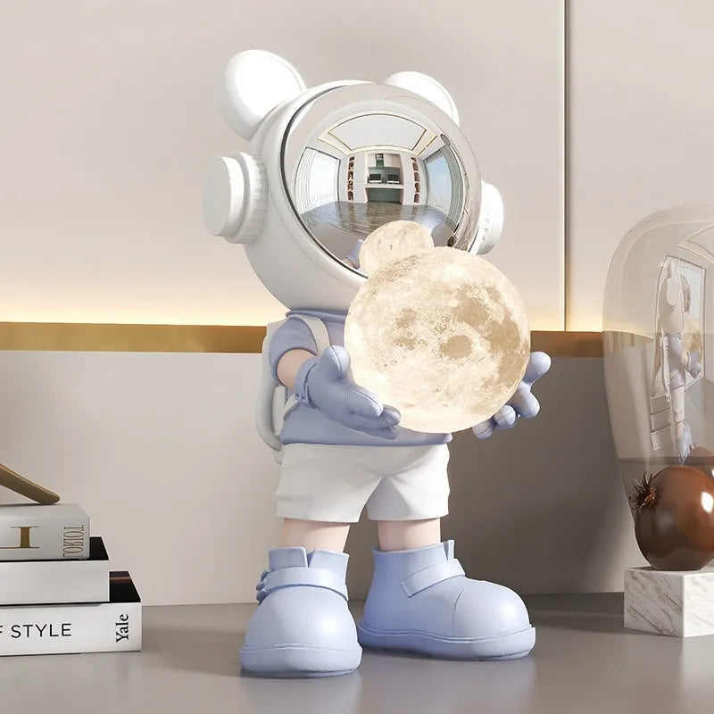 Resin desktop space bear moon night light decoration in gold with silver astronaut mask