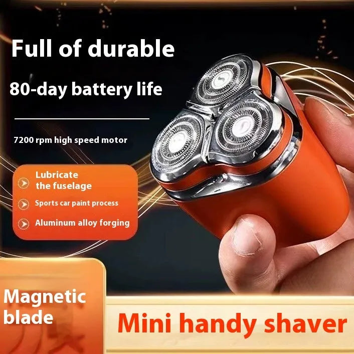 Mini three-head electric shaver rechargeable with 60-day battery life, fully washable, available in lava orange