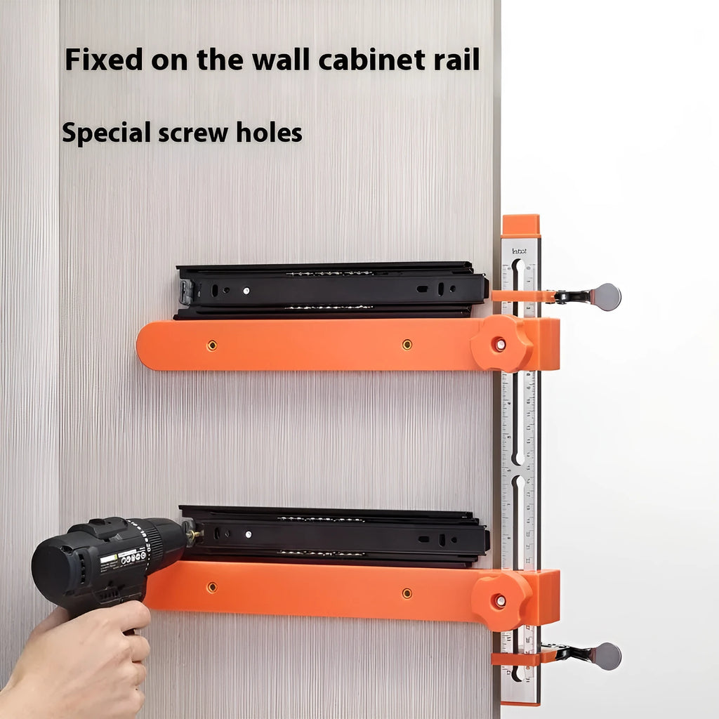 Drawer guide rail installation aid set with slideway aids and rapid clamps for woodworking drawer fitting