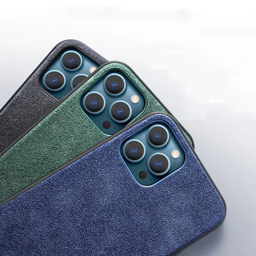 Suede back cover phone case for iPhone in elegant black, dark night green, and dark blue.