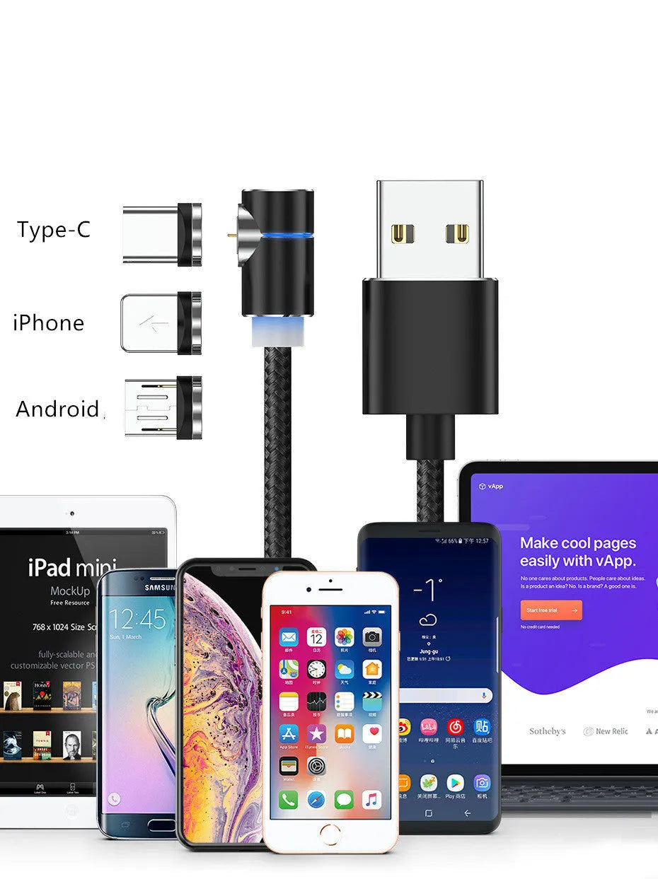 Magnetic LED charging cable with 90-degree rotating connector, aluminium alloy housing, 1 metre, black