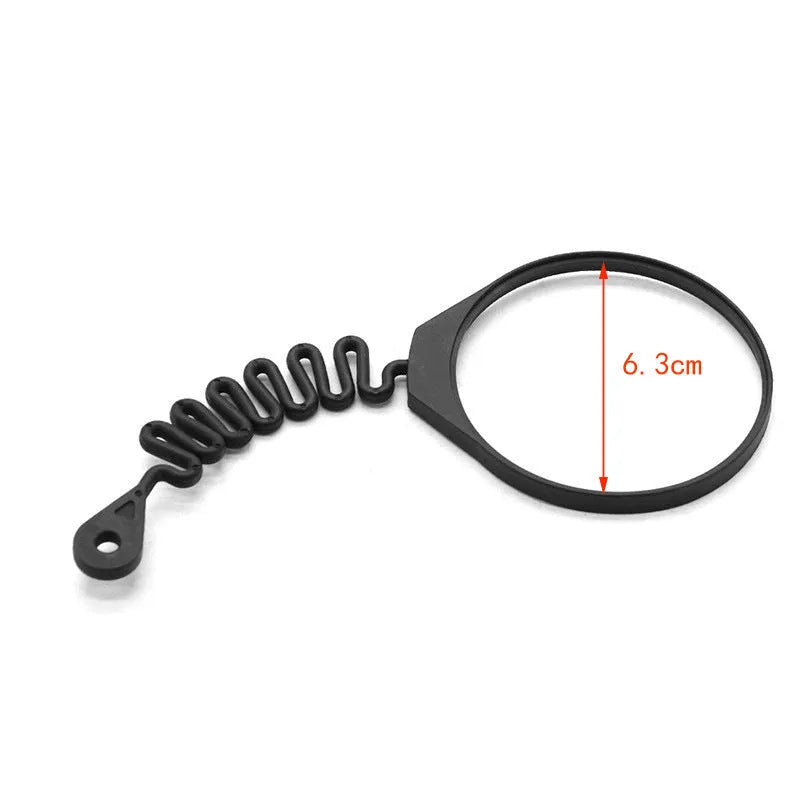 Black rubber fuel cap tether for Volvo vehicles showing circular band and separate rope attachment options