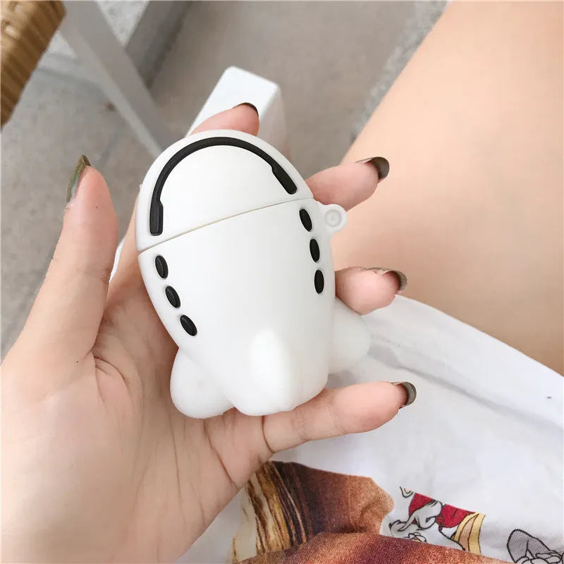 Silicone flip case with cartoon aeroplane design and hook for Apple AirPods 1 and 2.