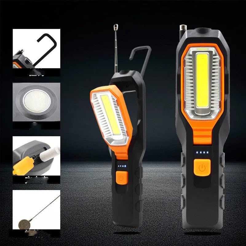 Multifunctional COB work light with LED, ABS housing, dry battery and USB rechargeable versions
