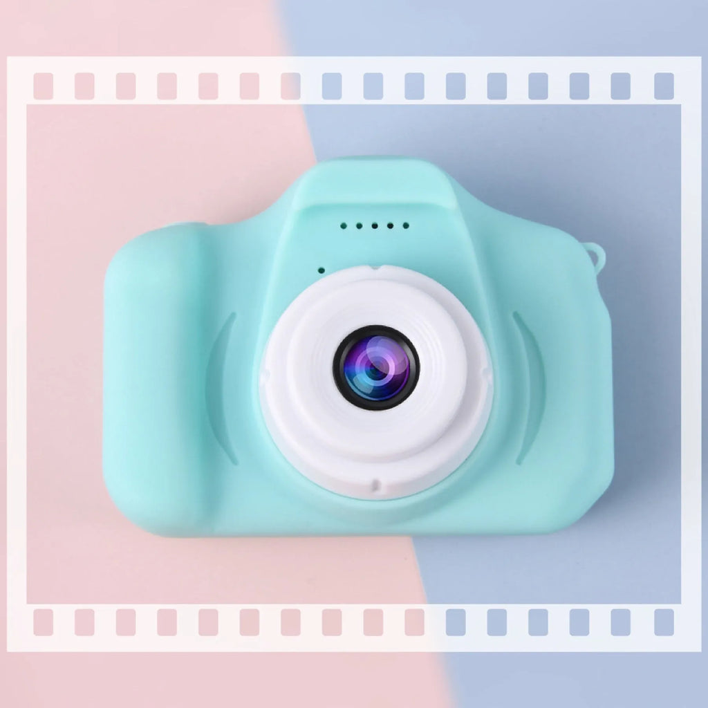Children's digital camera toy in blue with photo, video, and sticker modes