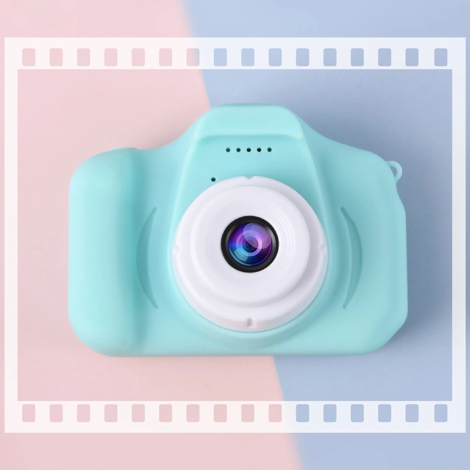 Children's digital camera toy in blue with photo, video, and sticker modes