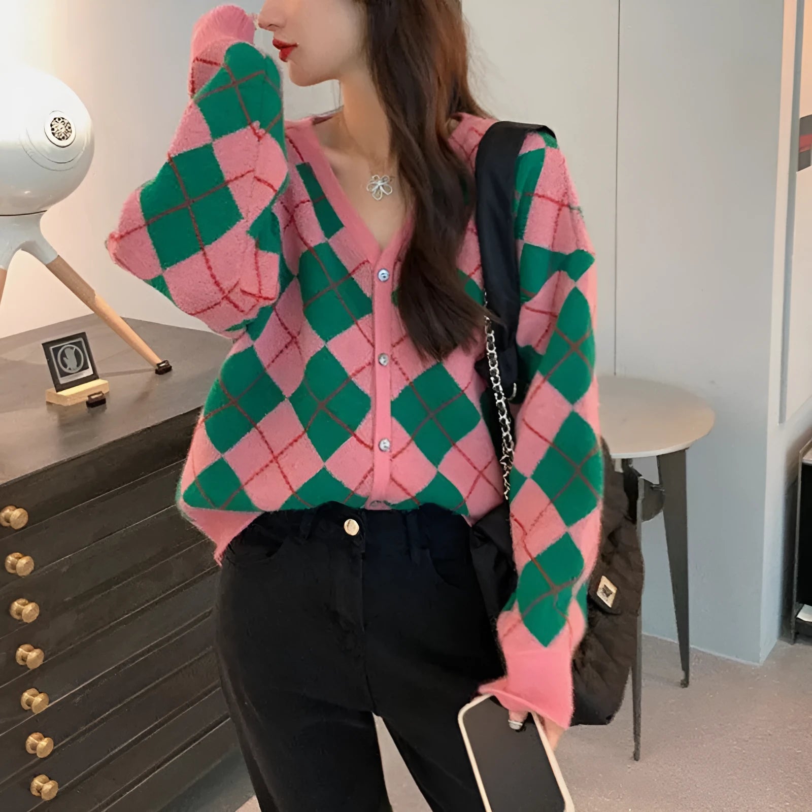 Acrylic knitted casual cardigan in free size showing macaron colour options including pink, green, and khaki