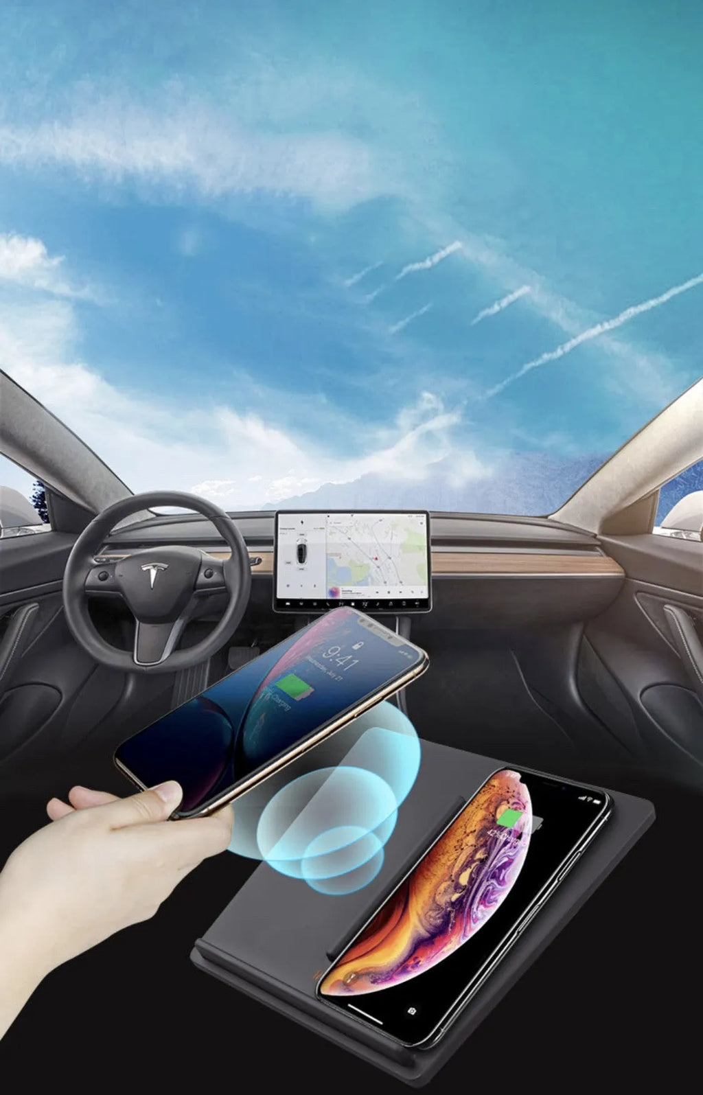 Tesla Model 3 black wireless car charger with dual coil and double separation line design, 19.2cm x 17.3cm x 1.8cm