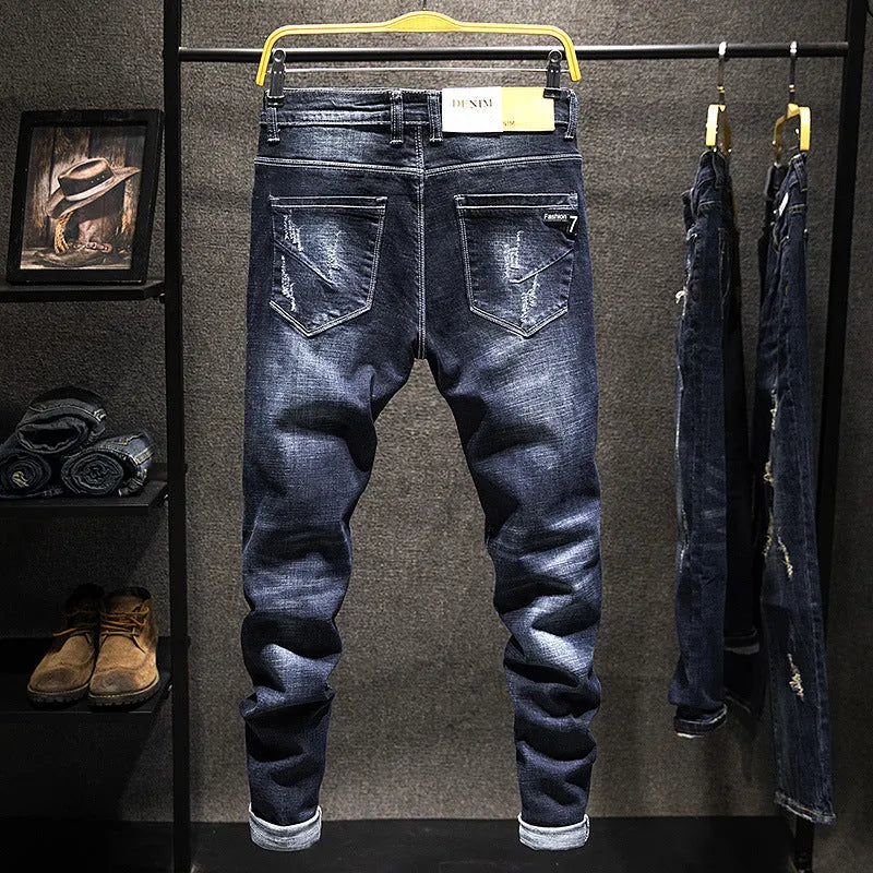 Men's slim-fitting skinny jeans in dark blue denim with micro elasticity and mid waist design