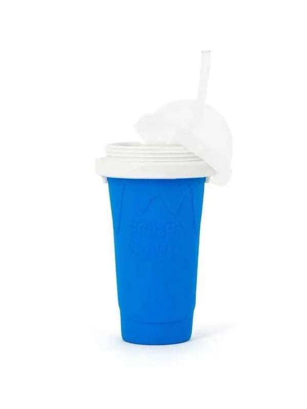 Blue silicone pinch cup for making instant slushy drinks, showing double-wall construction.