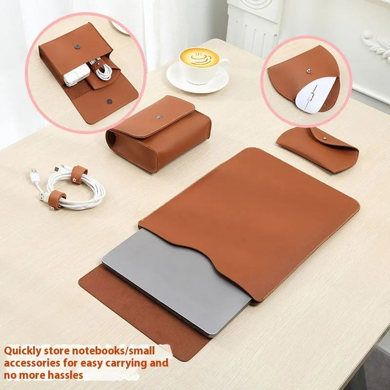 Four-piece brown imitation leather edge protection strips for a MacBook laptop.